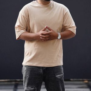 تیشرت لش باکسی رنگ کرم مردانه