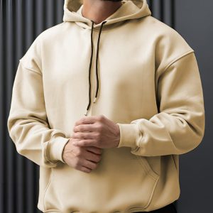 هودی مردانه سه نخ رنگ کرم بیسیک ساده