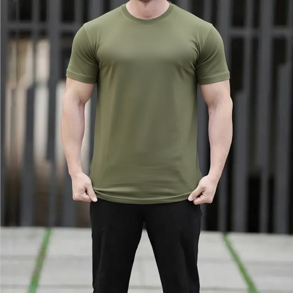 zey_tshirt تیشرت رنگ زیتونی ساده بیسیک مردانه
